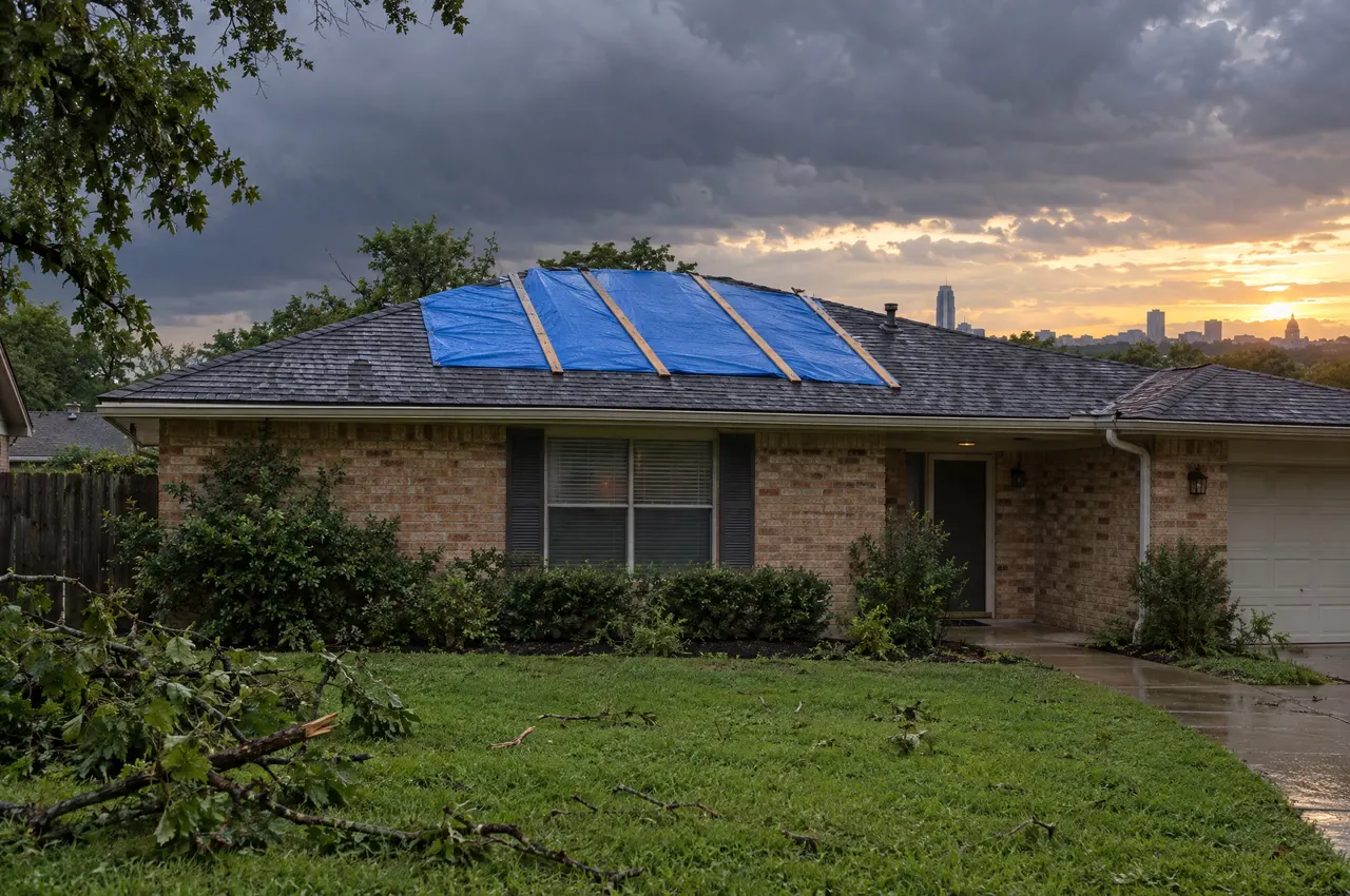 Blue emergency tarp held down with wood battens on a brick ranch house after a storm